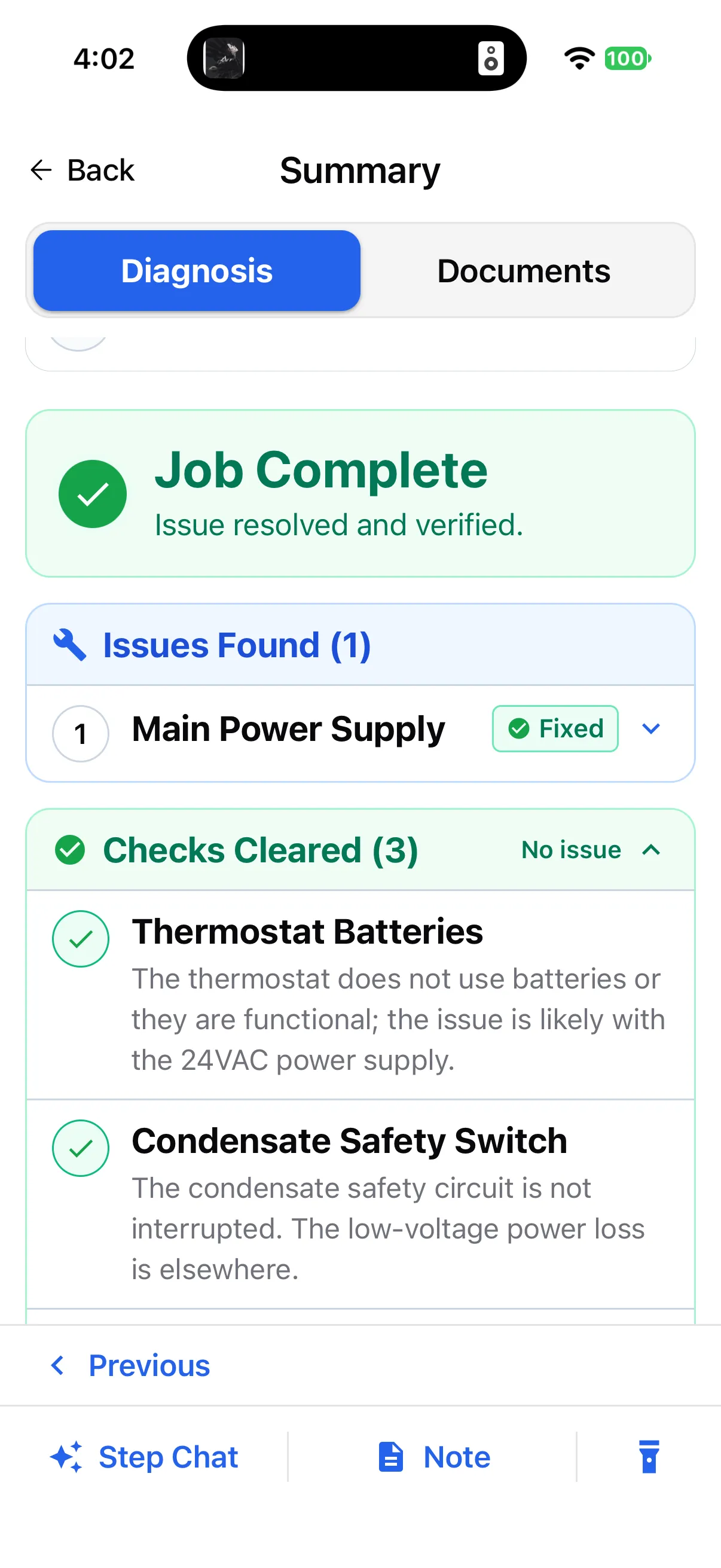 Job summary showing Job Complete, one issue found and fixed, and checks cleared with a note on each.