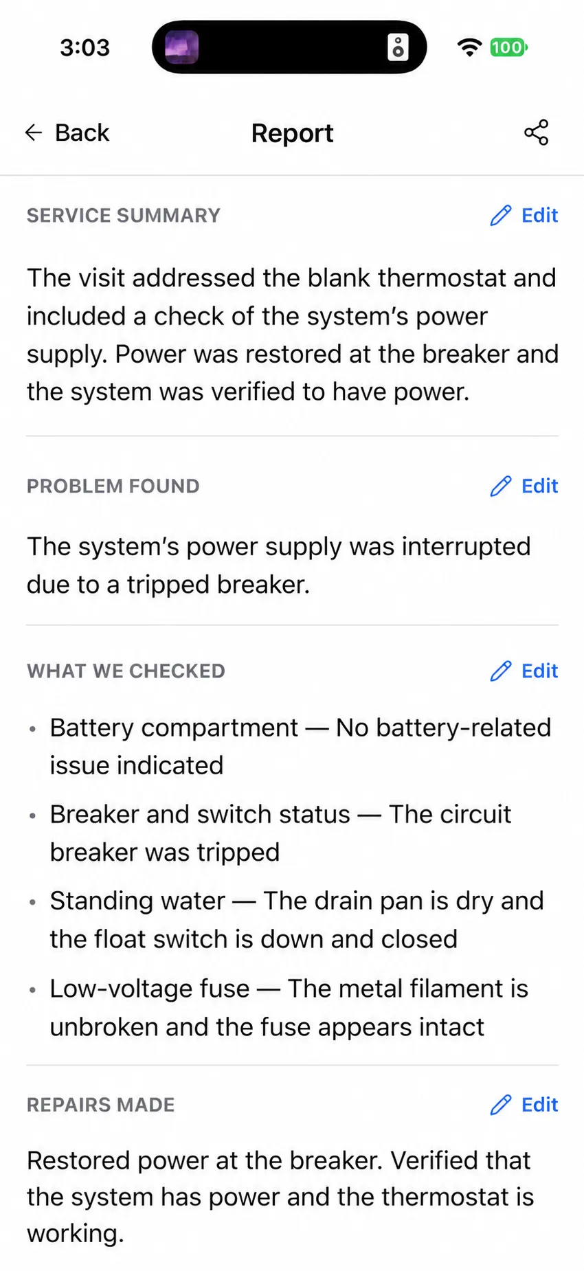 Service report listing the problem found, what was checked, and the repairs made.