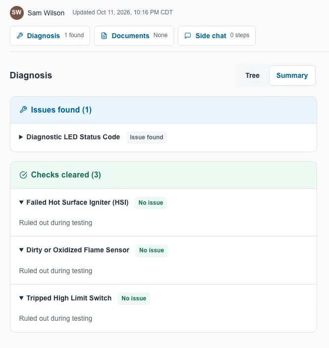 Sam Wilson’s diagnosis summary with one issue found and three checks ruled out during testing.