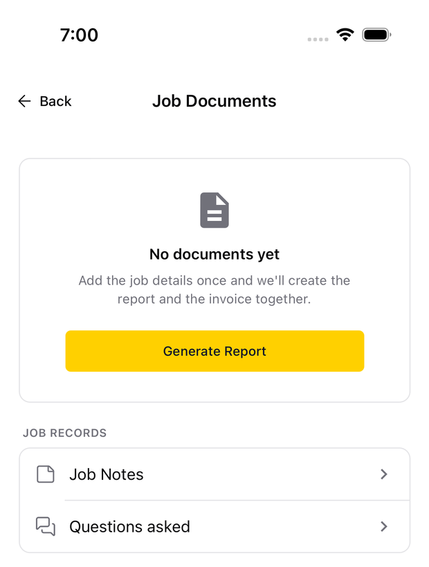 The Job Documents screen before any report exists, showing a No documents yet message and a Generate Report button, with Job Notes and Questions asked below.