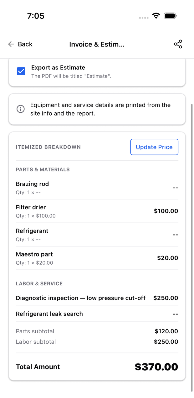 Invoice and estimate screen with itemized parts and labor, totalling $370.