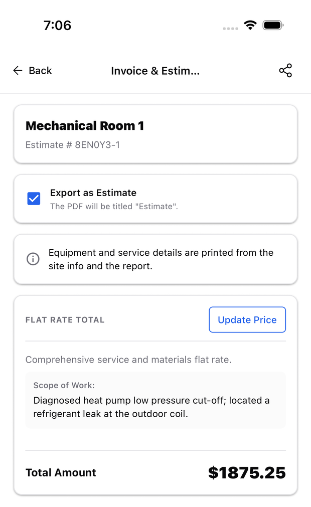 A flat rate total invoice in the ACLogics app, with an estimate number, a scope of work summary, and a single total amount.