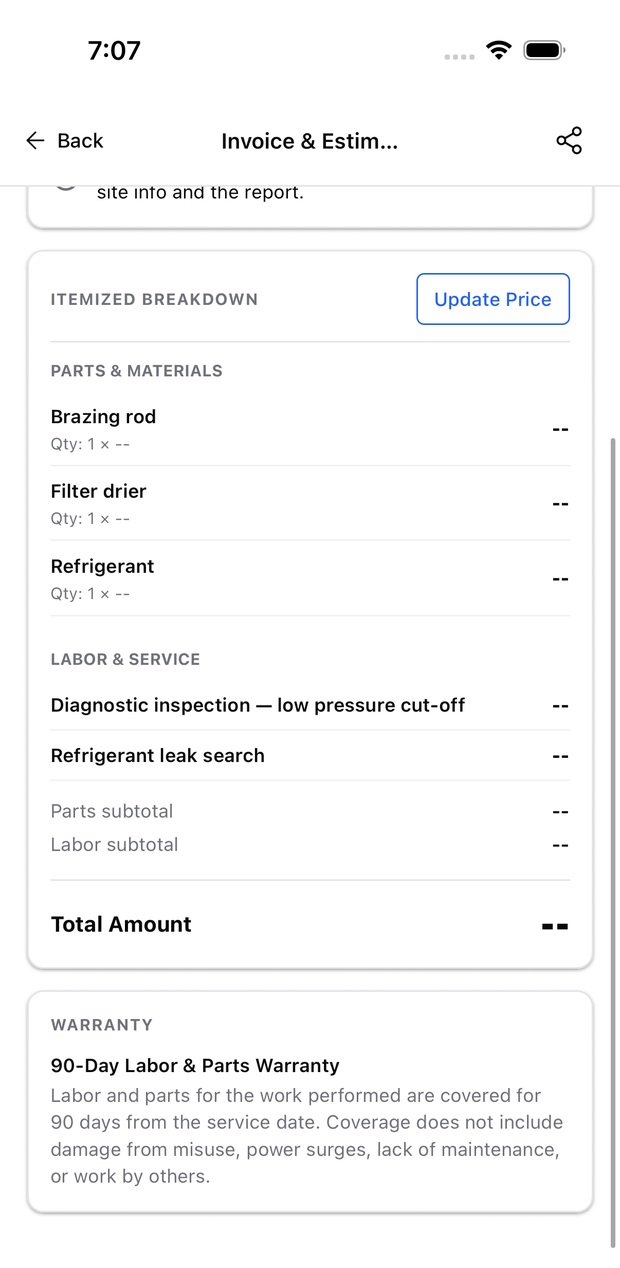 An invoice in the ACLogics app with a warranty section at the bottom showing the full text of the attached 90-Day Labor and Parts Warranty.
