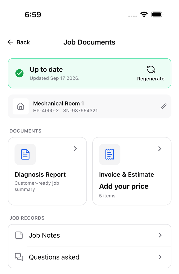 The Job Documents screen in the ACLogics app, showing report status, equipment, a Diagnosis Report card, an Invoice & Estimate card, and links to Job Notes and Questions asked.