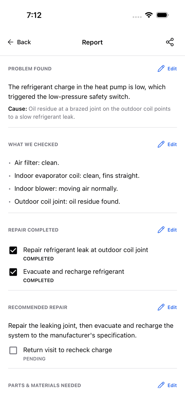 A diagnosis report in the ACLogics app with a Repair Completed section showing two ticked repairs and a Recommended Repair section with a pending return visit.