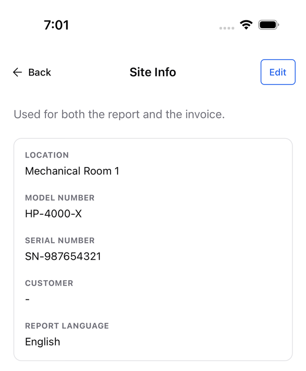 The Site Info screen showing location, model number, serial number, customer, and report language, with a note that the details are used for both the report and the invoice.